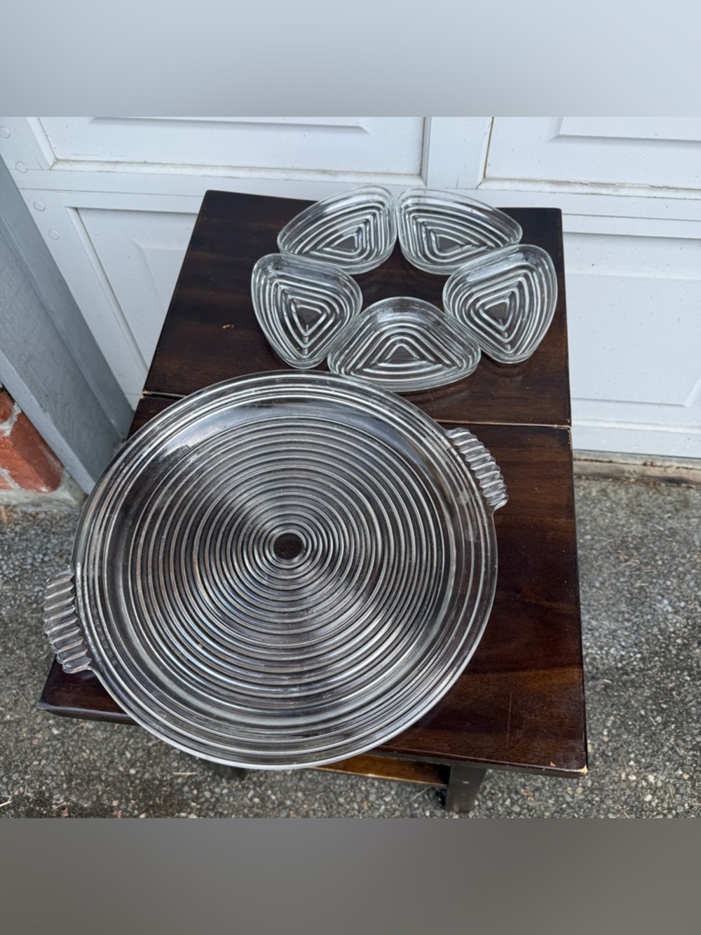 Vintage Anchor Hocking Manhattan Glass Serving Platter and 5 Triangular Bowls